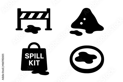 Spill containment solid icon set. Vector glyphs for safety and emergency cleanup. Includes barrier tape, absorbent material, spill kit, and containment boom for chemical hazards.