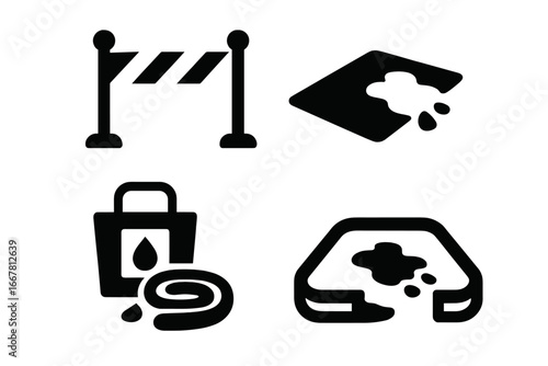 Spill containment solid icon set. Vector glyphs of safety barrier, absorbent mat, spill kit, and containment berm. Industrial chemical and oil spill cleanup symbols.