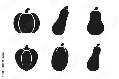 Squash and gourd solid icon set. Vector glyph collection of autumn vegetables like pumpkin, zucchini, butternut, acorn, and spaghetti squash. Simple food harvest symbols.