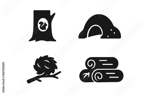 Squirrel habitat solid glyph icons set. Animal shelter, tree hole, ground burrow, drey or leaf nest and log pile. Wildlife home in forest pictogram collection vector illustration.