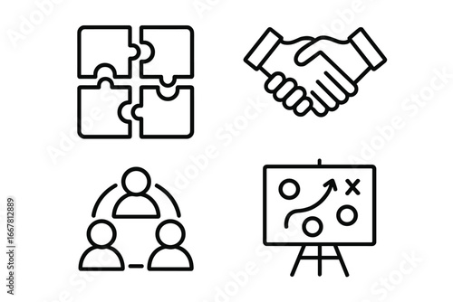 Teamwork Icon Set Outline Collection of 4 Collaboration and Cooperation Symbols with Puzzle Pieces, Handshake, Group Circle, and Strategy Board for Business and Teamwork Concept Vector