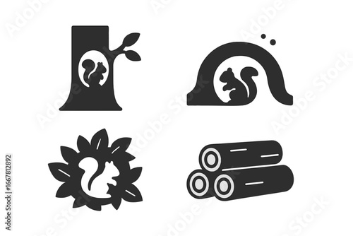 Squirrel habitat solid glyph icon set. Animal shelter in nature concept. Includes tree hollow, ground burrow, leaf nest, and log pile. Wildlife home vector silhouettes.