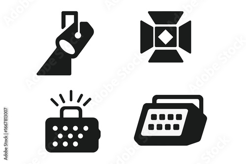 Solid icon set of stage lighting equipment. Vector glyphs of a spotlight, beam projector, strobe, floodlight, and a DMX controller. Theater and show production symbols.