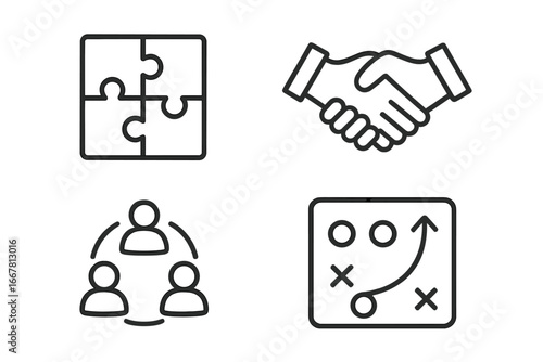Teamwork and Collaboration Icon Set, Outline Vector of Puzzle Pieces, Handshake, Group Circle, Strategy Board for Business and Leadership Concepts