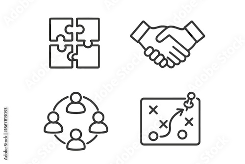 Teamwork icon set with outline style featuring collaboration symbols including puzzle pieces, handshake, group circle, and strategic planning board in vector format
