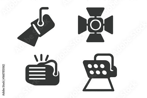 Stage lighting icon set. Solid glyph icons of theater and concert equipment. Spotlight, floodlight, strobe, and par can illustrations. Vector symbols for show and event design.