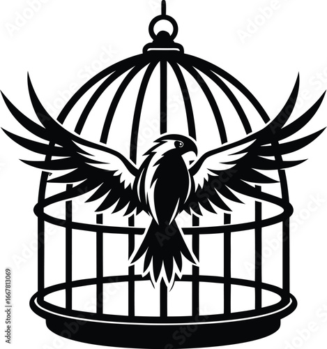 large suspended cage with eagle perched inside