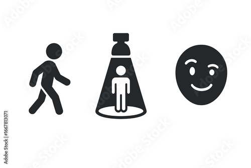 Stage presence solid glyph icon set. Public speaking concept. Speaker walking on stage, person in spotlight, confident smile face. Vector symbols for presentation, performance.