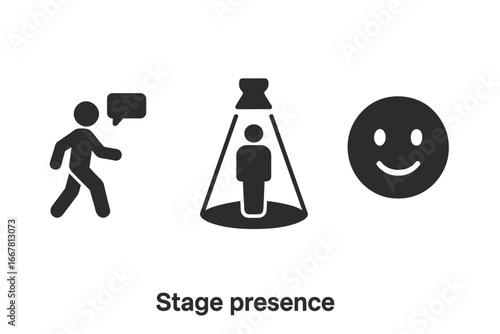 Stage presence solid icon set. Public speaking, presentation skills concept. Confident speaker in spotlight, charisma, performance. Communication and leadership glyph vector symbols.