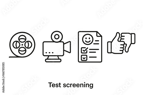 Outline test screening icons set with film reel, video projector, feedback form, thumbs up and thumbs down symbols, movie review process, audience opinion, cinema concept vector illustration