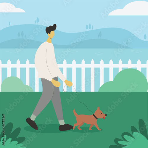 Man Walking with a Dog Flat Illustration