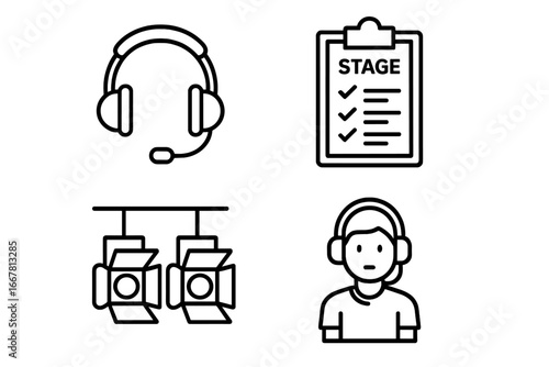 Theater production icon set, outline style vector illustration of 4 backstage and crew roles including director headset, stage manager clipboard, sound technician, and studio lighting equipment