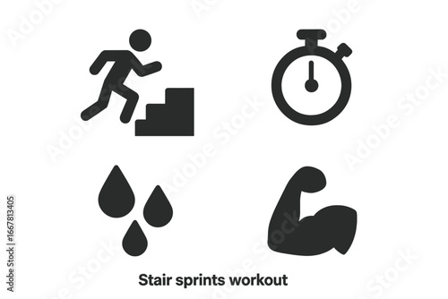 Solid stair sprints workout icons set, running figure on staircase, stopwatch timer, sweat droplets, strong muscle arm silhouette, fitness and cardio exercise vector illustration