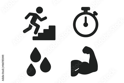 Stair Sprints Workout Icons Set with Running Figure on Staircase, Stopwatch Timer, Sweat Drops, Muscle Arm Strength, Fitness and Exercise Vector Illustration