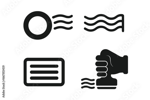 Stamp cancellation icons set with circular postmark, wavy lines, machine cancel, hand stamp, solid filled vector illustration, postal marking symbols, mail processing elements