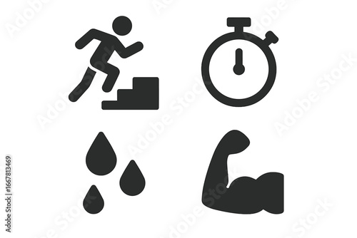 Stair sprints icons solid filled set, workout running figure on staircase, stopwatch timer, sweat drops, muscle arm, fitness exercise and training vector illustration transparent background