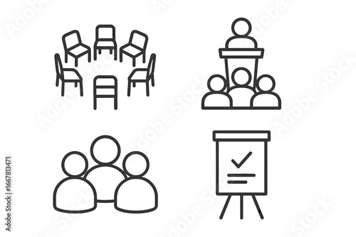 Therapy and Group Counseling Icons Set, Outline Vector Illustrations of Group Therapy Circle of Chairs, Facilitator Podium, Group Participants, and Flipchart Easel for Mental Health Sessions