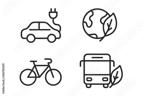 Transportation and Environment Icons Set of 4 – Outline Linear Eco-friendly Symbols Including Electric Car, Bicycle, Eco Earth, and Sustainable Bus Vector Illustration