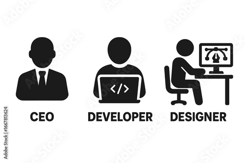 Startup roles icons solid filled vector set featuring CEO business leader, developer coding on laptop, creative designer working at desk, modern office teamwork concept