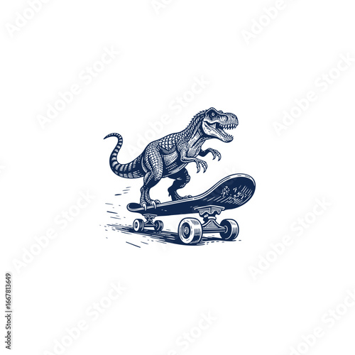 Flat vector engraving logo illustration of a T-Rex dinosaur riding a skateboard