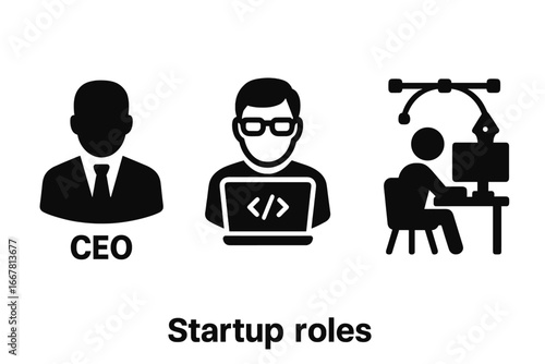 Startup Roles Icons Vector Set, Solid Filled Symbols of CEO Figure, Software Developer with Laptop and Graphic Designer at Desk, Business Teamwork and Innovation Illustration
