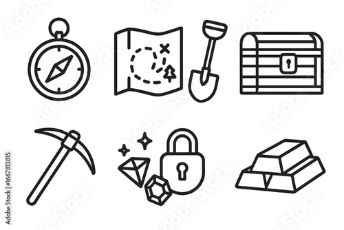Treasure hunter tools icons set, outline vector illustration with compass, map, shovel, treasure chest, pickaxe, gems, lock, gold bars on transparent background