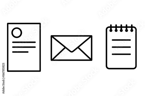 Stationery icon set vector, outline stationery and office collateral, letterhead template, envelope outline, notepad and paper document icons, office supplies illustration