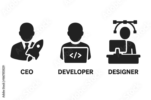 Startup roles icons vector set featuring CEO with rocket symbol, developer coding on laptop, and designer working at desk with graphic tool interface, solid black silhouette