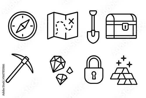 Treasure hunter tools icons set, treasure map, compass, shovel, pickaxe, locked chest, sparkling gems, gold bars vector illustration, outline style transparent background