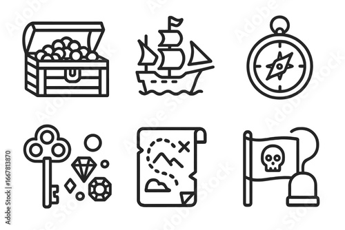 Treasure exploration outline icon set with treasure chest, pirate ship, compass, map, key, jewels, pirate flag, and hook vector illustration for adventure and pirate themes
