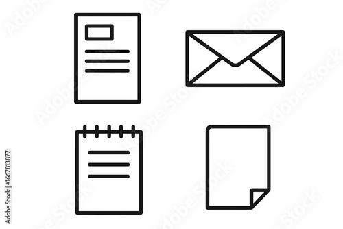 Stationery Icon Set Outline Collection, Letterhead Template, Envelope Outline, Notepad and Paper Icons, Minimalist Vector Illustration, Office Supplies and Collateral Elements