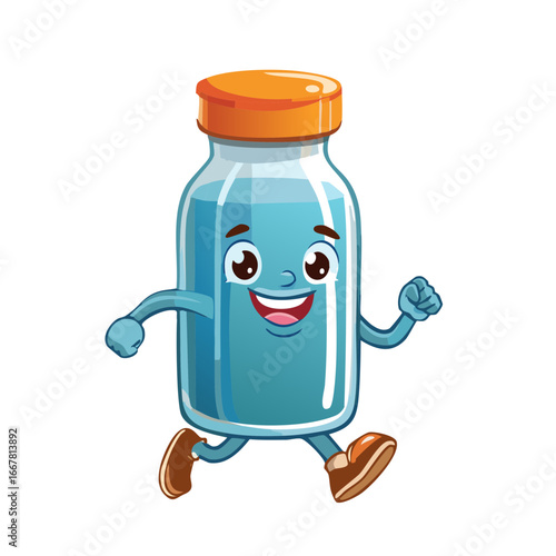Cartoon Running Water Bottle with Smiling Face, Fun and Playful Hydration Character Illustration