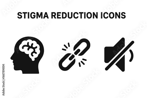 Stigma reduction icons set, solid filled vector illustrations including open mind with brain, broken chain link, and muted speaker symbol for mental health awareness and silence break