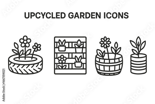 Upcycled Garden Icons Vector Set, Outline Style of 4 Eco-Friendly Planters Including Tire Planter, Pallet Vertical Garden, Wine Barrel Tub, and Metal Can Pot Illustration