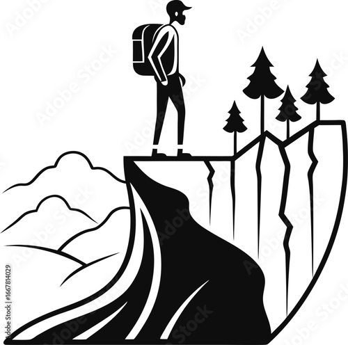 lone hiker on cliff edge overlooking view