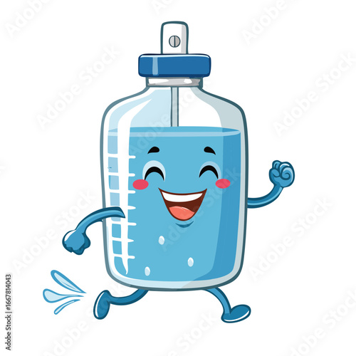 Cartoon Running Water Bottle with Smiling Face, Fun and Playful Hydration Character Illustration