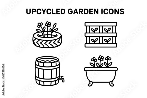 Upcycled Garden Icons Set of 4 - Outline Vector Illustrations of Eco-Friendly Tire Planter, Vertical Pallet Garden, Wine Barrel Planter, and Recycled Bathtub Flowerpot