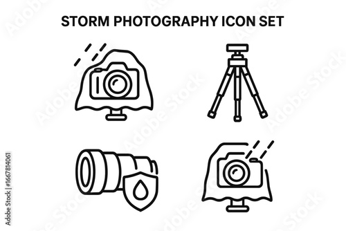 Storm Photography Icon Set, Outline Vector Illustration of Weatherproof Camera with Rain Cover, Sturdy Tripod, Waterproof Lens for Outdoor Storm Chasing Equipment
