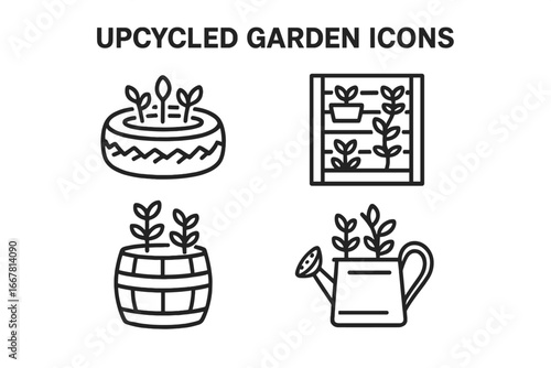 Upcycled Garden Icons Set of 4 Outline Vector Illustrations Featuring Tire Planter, Pallet Vertical Garden, Wine Barrel Planter, and Recycled Watering Can for Eco-Friendly Gardening