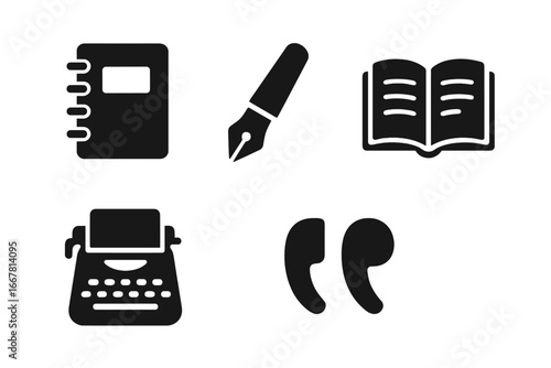 Story creation icons set with solid black notebook, fountain pen, typewriter, open book and quotation marks, vector illustration for writing, literature, storytelling, communication