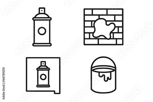 Street Art and Graffiti Icon Set, Outline Vector Illustration of Spray Paint Can, Mural Wall, Stencil, and Paint Bucket for Urban Art and Festival Design