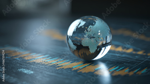 Glass globe world map financial chart data business technology global economy digital transparent futuristic innovation finance investment
