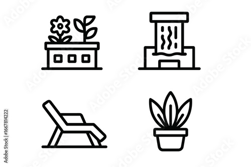 Urban rooftop icons set with waterfall feature, rooftop garden with flower and leaves, lounge chair, potted plant, vector outline illustrations for city lifestyle and outdoor relaxation
