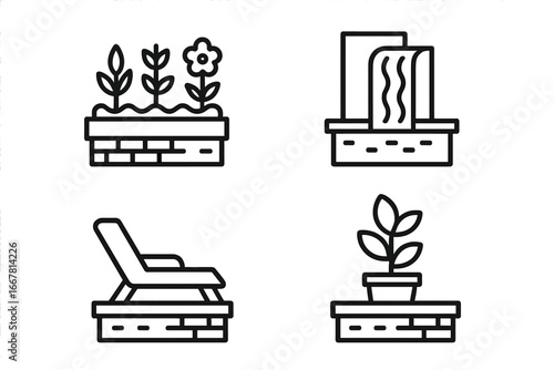 Urban Rooftop Icons Vector Set, Outline Style Featuring Rooftop Garden with Flowers, Waterfall Feature, Lounge Chair Seating, and Potted Plant on Transparent Background