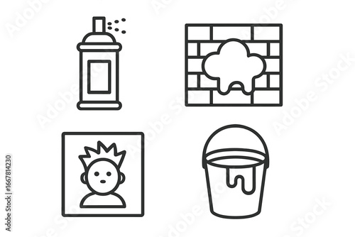 Street art and graffiti icon set with spray paint can, mural wall, stencil portrait, and paint bucket outline vector illustration for urban culture and street festivals
