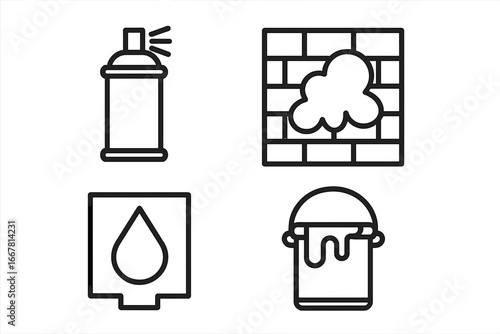 Street Art Icons Outline Vector Set of Urban Graffiti Festival Elements Spray Paint Can, Mural Wall, Stencil, Paint Bucket. Urban Culture, Street Art Supplies and Tools