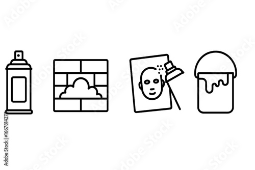 Street art icons outline set featuring spray paint can, mural wall with graffiti, stencil art, and paint bucket vector illustrations for creative urban designs