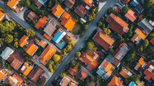 High-angle view of residential neighborhood.  Rooftops, streets, and trees fill the frame