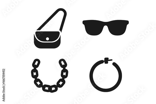 Street Fashion Icons Solid Filled Vector Set of Trendy Accessories with Crossbody Bag Sunglasses Chain Necklace and Hoop Earring Vector Transparent Illustration