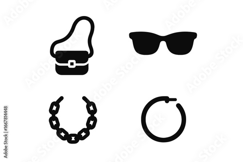 Street fashion icons solid filled vector set with trendy crossbody bag, stylish sunglasses, bold chain necklace, and classic hoop earring accessories for urban style